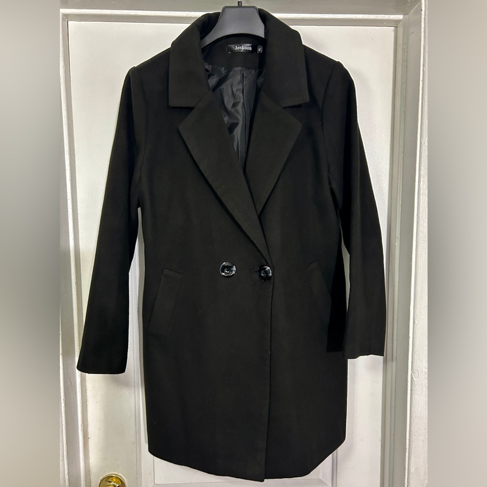 Jenkoon Women’s Black Long Coat XL- Classic Double Button
